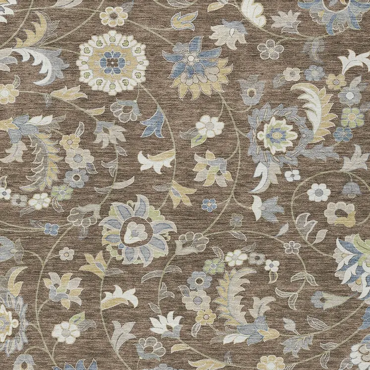 5' X 8' Chocolate Beige And Blue Floral Washable Indoor Outdoor Area Rug