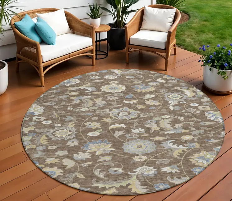 8' Chocolate Beige And Blue Round Floral Washable Indoor Outdoor Area Rug