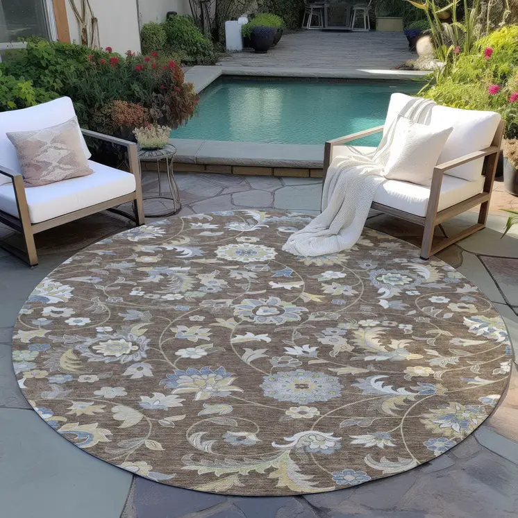 8' Chocolate Beige And Blue Round Floral Washable Indoor Outdoor Area Rug