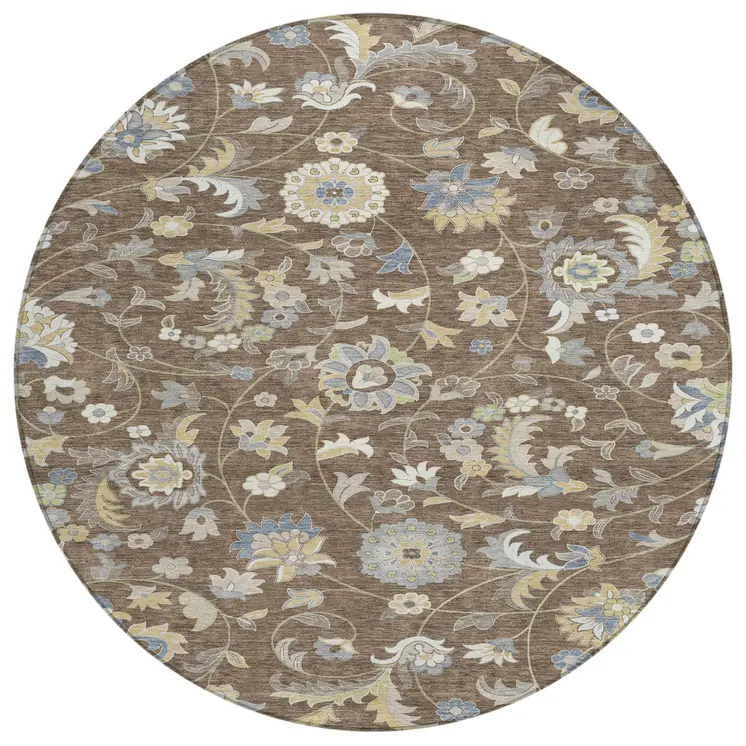 8' Chocolate Beige And Blue Round Floral Washable Indoor Outdoor Area Rug