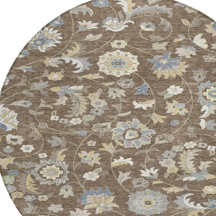 8' Chocolate Beige And Blue Round Floral Washable Indoor Outdoor Area Rug