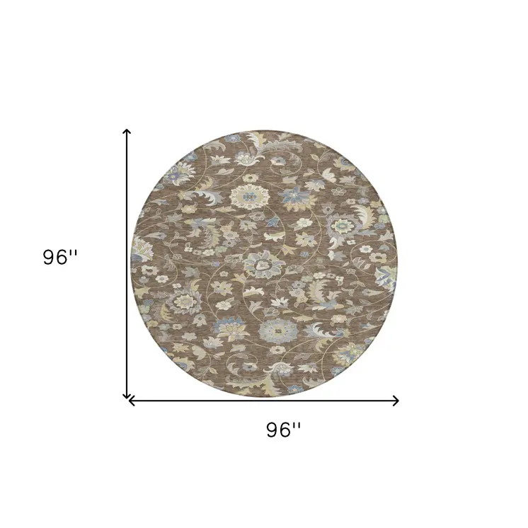 8' Chocolate Beige And Blue Round Floral Washable Indoor Outdoor Area Rug