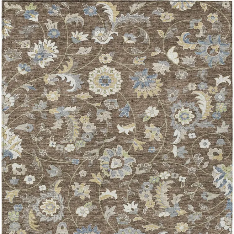 8' X 10' Chocolate Beige And Blue Floral Washable Indoor Outdoor Area Rug
