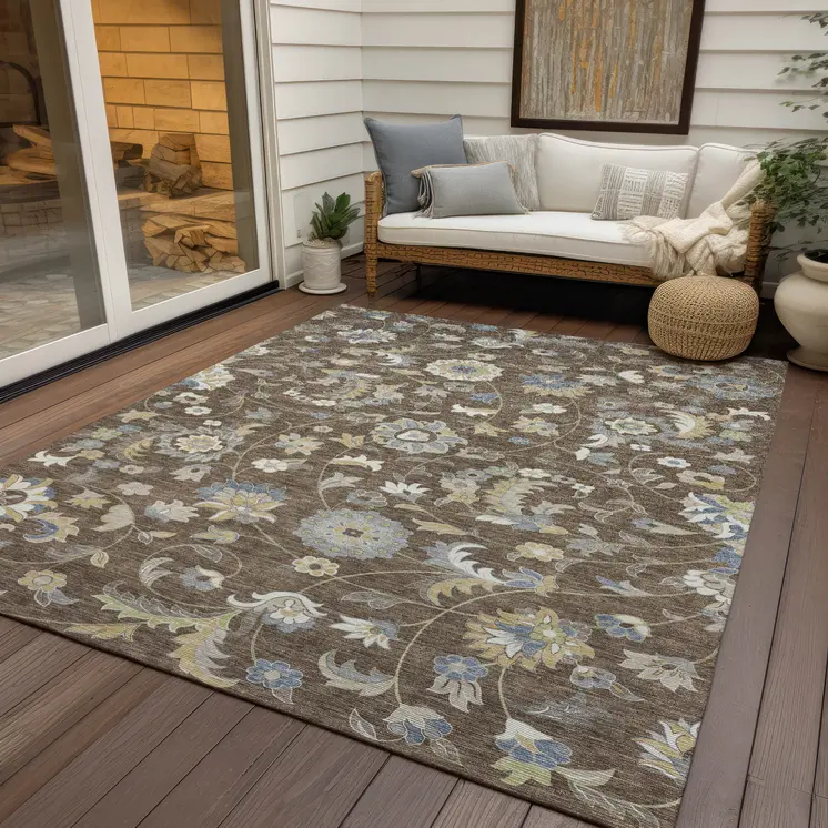 8' X 10' Chocolate Beige And Blue Floral Washable Indoor Outdoor Area Rug