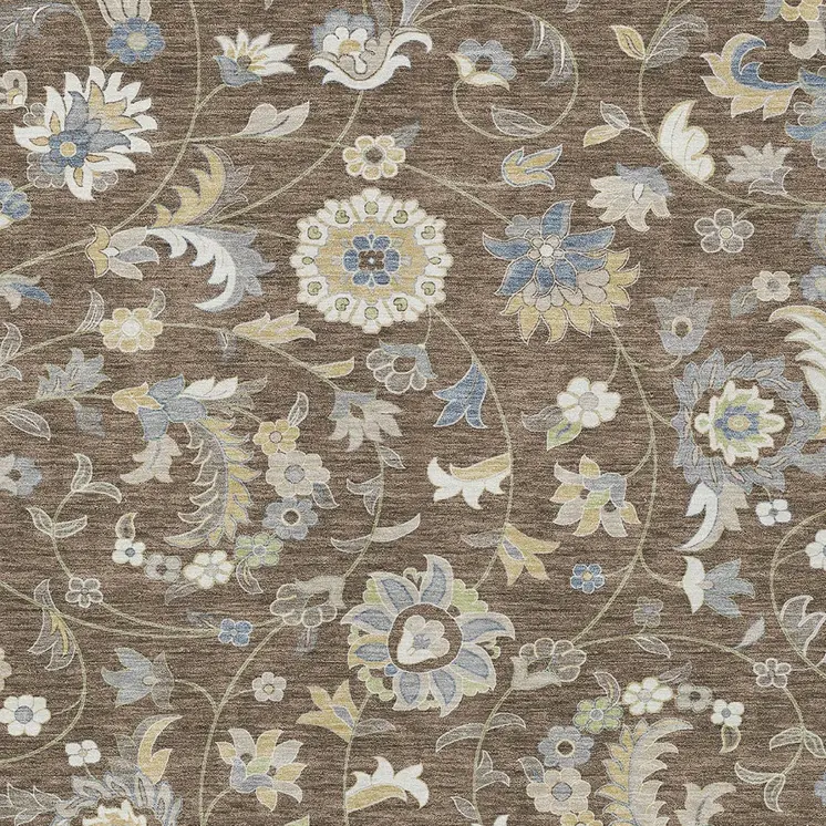 8' X 10' Chocolate Beige And Blue Floral Washable Indoor Outdoor Area Rug