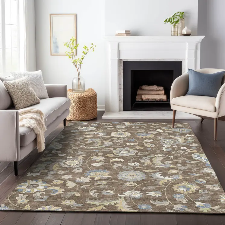 8' X 10' Chocolate Beige And Blue Floral Washable Indoor Outdoor Area Rug