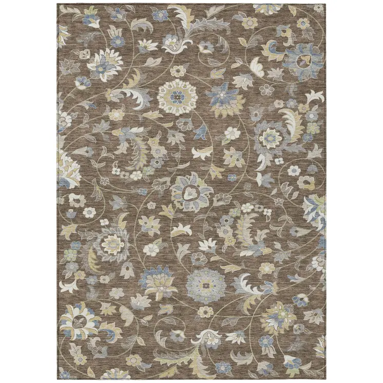 9' X 12' Chocolate Beige And Blue Floral Washable Indoor Outdoor Area Rug