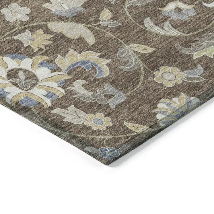 9' X 12' Chocolate Beige And Blue Floral Washable Indoor Outdoor Area Rug