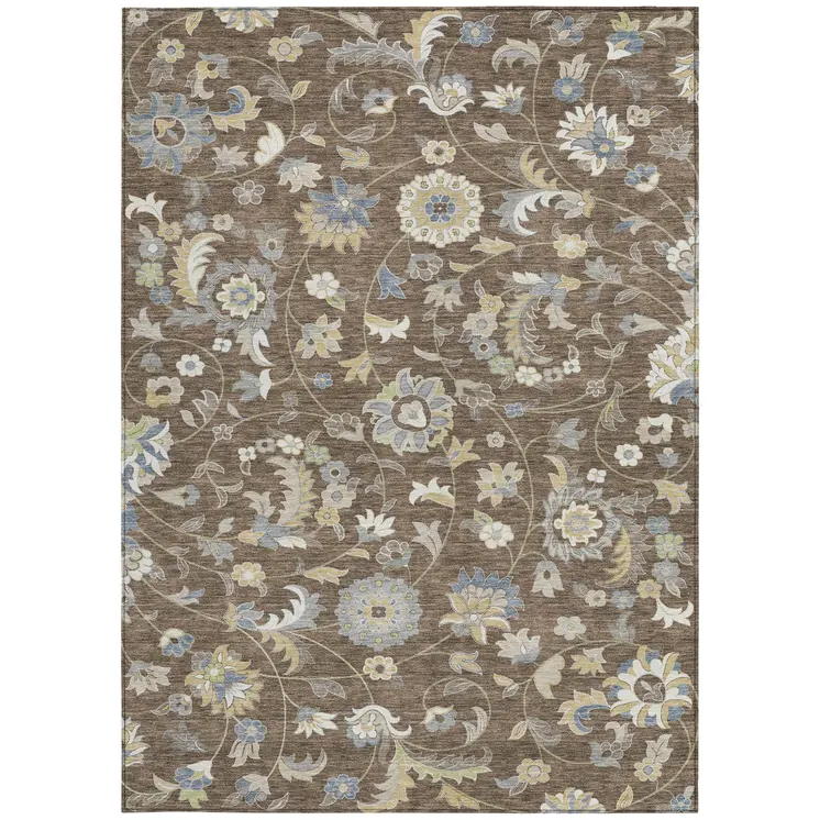 10' X 14' Chocolate Beige And Blue Floral Washable Indoor Outdoor Area Rug