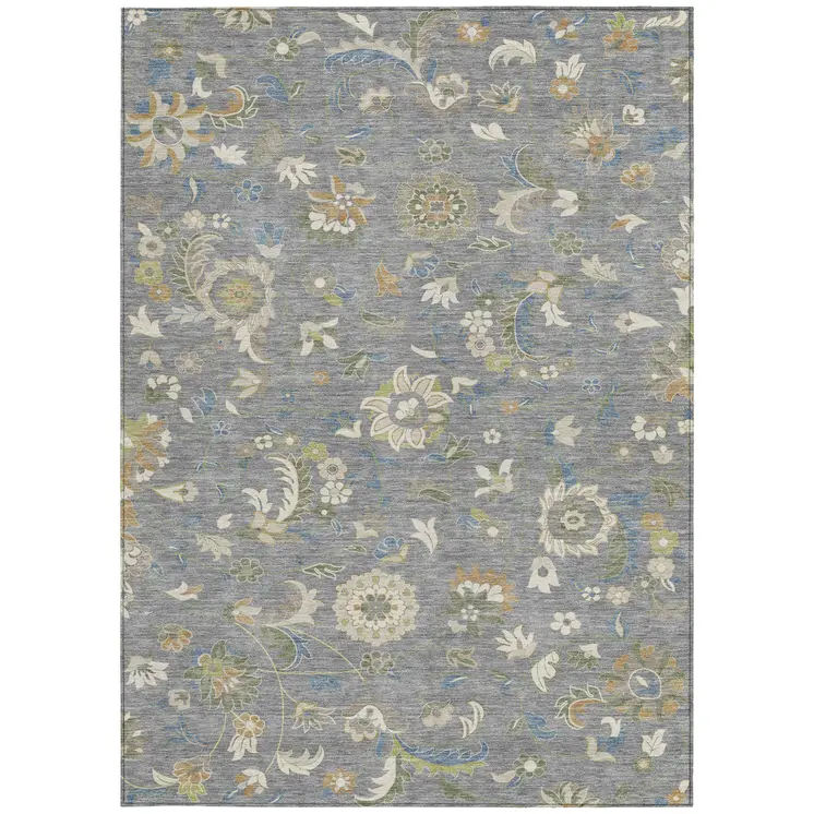 5' X 8' Gray Blue And Green Floral Washable Indoor Outdoor Area Rug