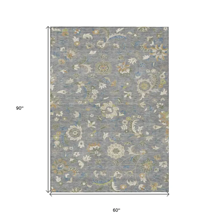 5' X 8' Gray Blue And Green Floral Washable Indoor Outdoor Area Rug