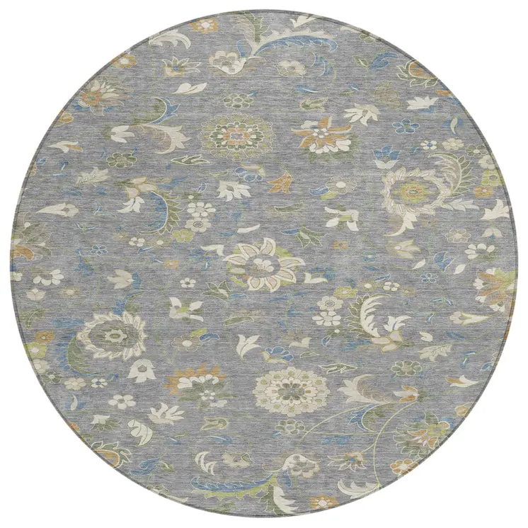 8' Gray Blue And Green Round Floral Washable Indoor Outdoor Area Rug