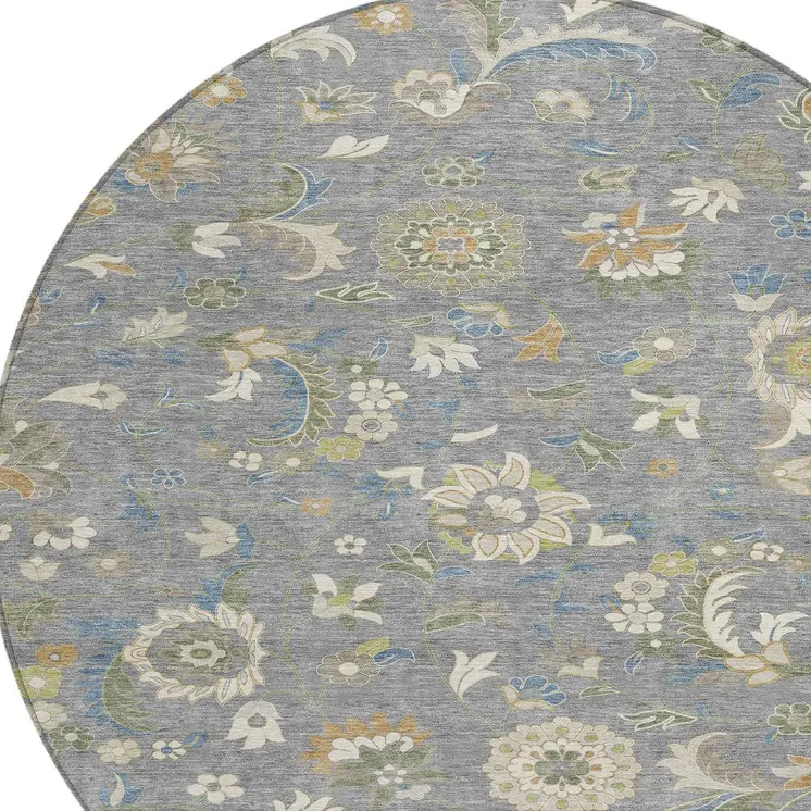 8' Gray Blue And Green Round Floral Washable Indoor Outdoor Area Rug