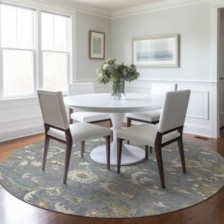 8' Gray Blue And Green Round Floral Washable Indoor Outdoor Area Rug