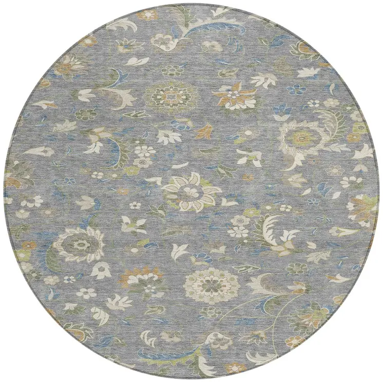 8' Gray Blue And Green Round Floral Washable Indoor Outdoor Area Rug