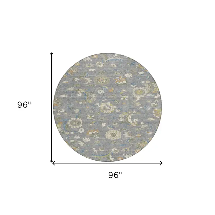8' Gray Blue And Green Round Floral Washable Indoor Outdoor Area Rug