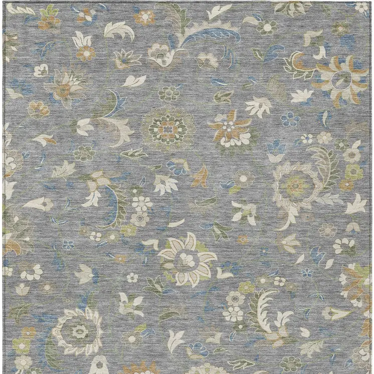 9' X 12' Gray Blue And Green Floral Washable Indoor Outdoor Area Rug