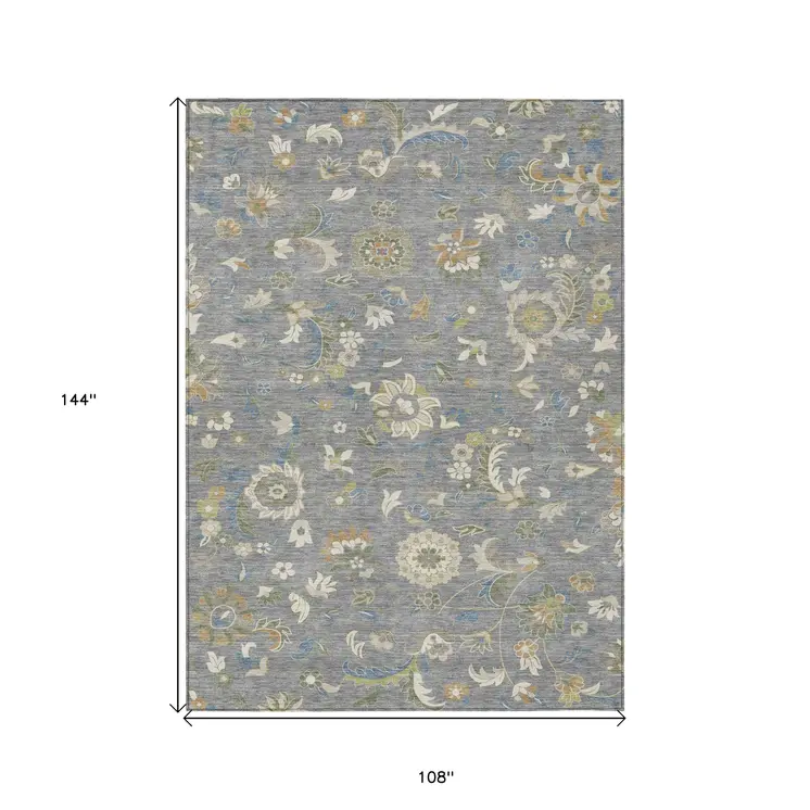 9' X 12' Gray Blue And Green Floral Washable Indoor Outdoor Area Rug