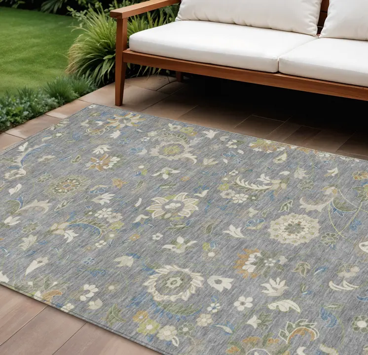 9' X 12' Gray Blue And Green Floral Washable Indoor Outdoor Area Rug