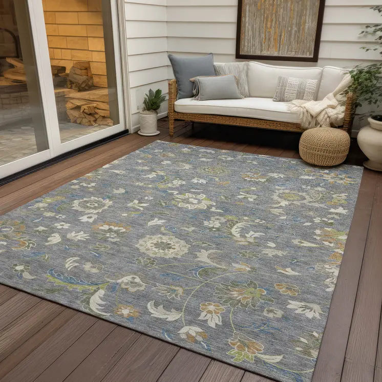 9' X 12' Gray Blue And Green Floral Washable Indoor Outdoor Area Rug