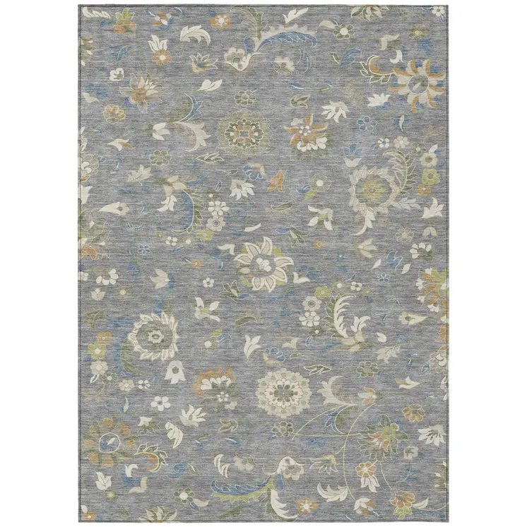 9' X 12' Gray Blue And Green Floral Washable Indoor Outdoor Area Rug