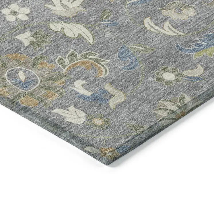 9' X 12' Gray Blue And Green Floral Washable Indoor Outdoor Area Rug