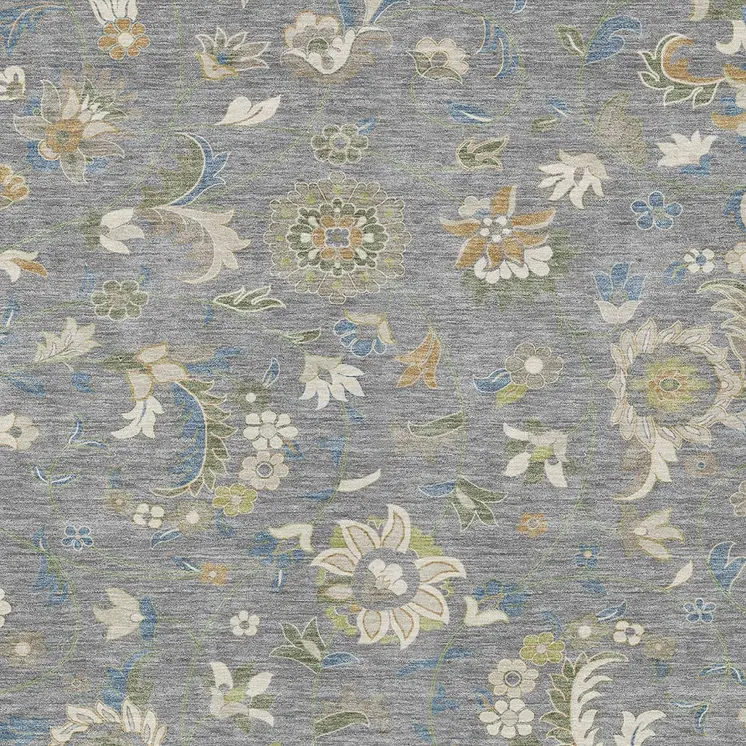 9' X 12' Gray Blue And Green Floral Washable Indoor Outdoor Area Rug