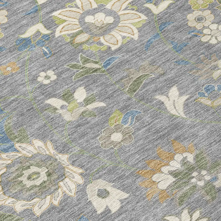 9' X 12' Gray Blue And Green Floral Washable Indoor Outdoor Area Rug