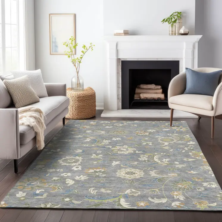 9' X 12' Gray Blue And Green Floral Washable Indoor Outdoor Area Rug