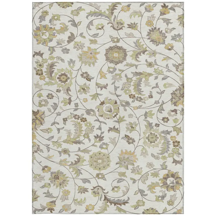 3' X 5' Ivory Brown And Green Floral Washable Indoor Outdoor Area Rug