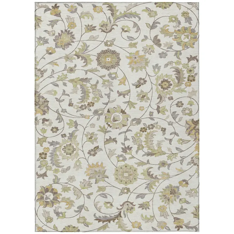 3' X 5' Ivory Brown And Green Floral Washable Indoor Outdoor Area Rug