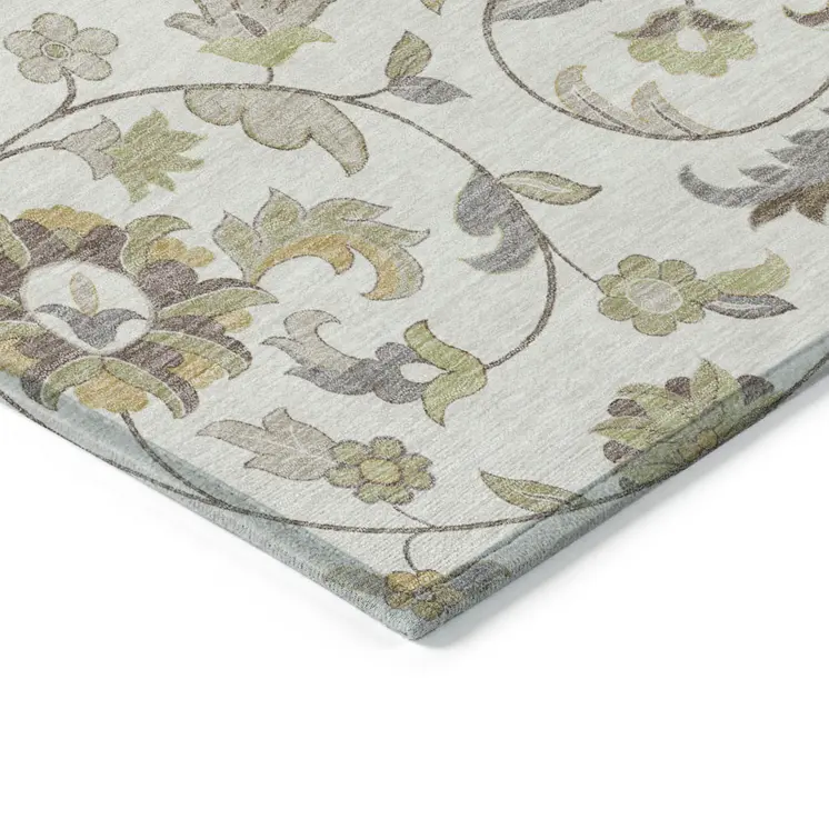 3' X 5' Ivory Brown And Green Floral Washable Indoor Outdoor Area Rug