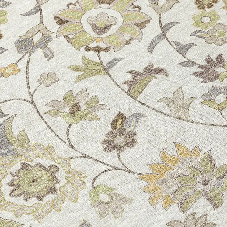 3' X 5' Ivory Brown And Green Floral Washable Indoor Outdoor Area Rug