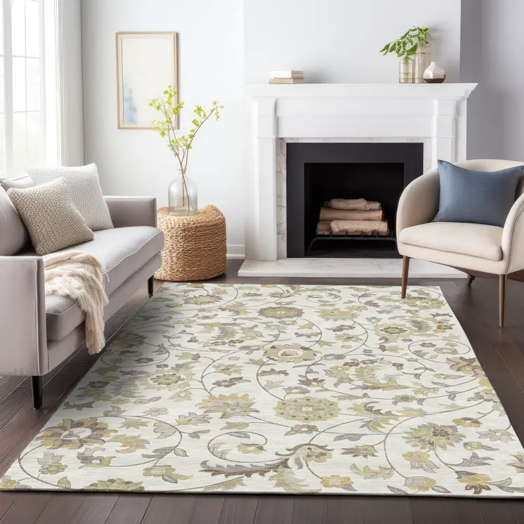 3' X 5' Ivory Brown And Green Floral Washable Indoor Outdoor Area Rug