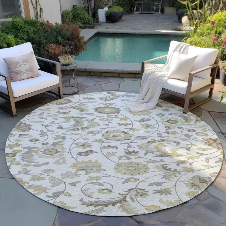 8' Ivory Brown And Green Round Floral Washable Indoor Outdoor Area Rug