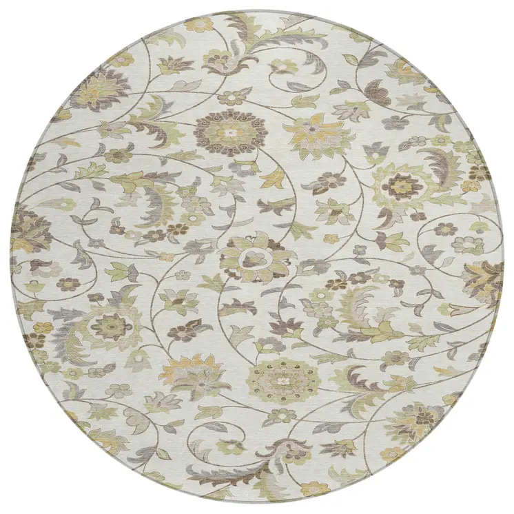 8' Ivory Brown And Green Round Floral Washable Indoor Outdoor Area Rug