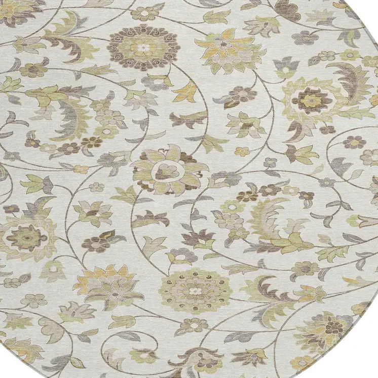 8' Ivory Brown And Green Round Floral Washable Indoor Outdoor Area Rug