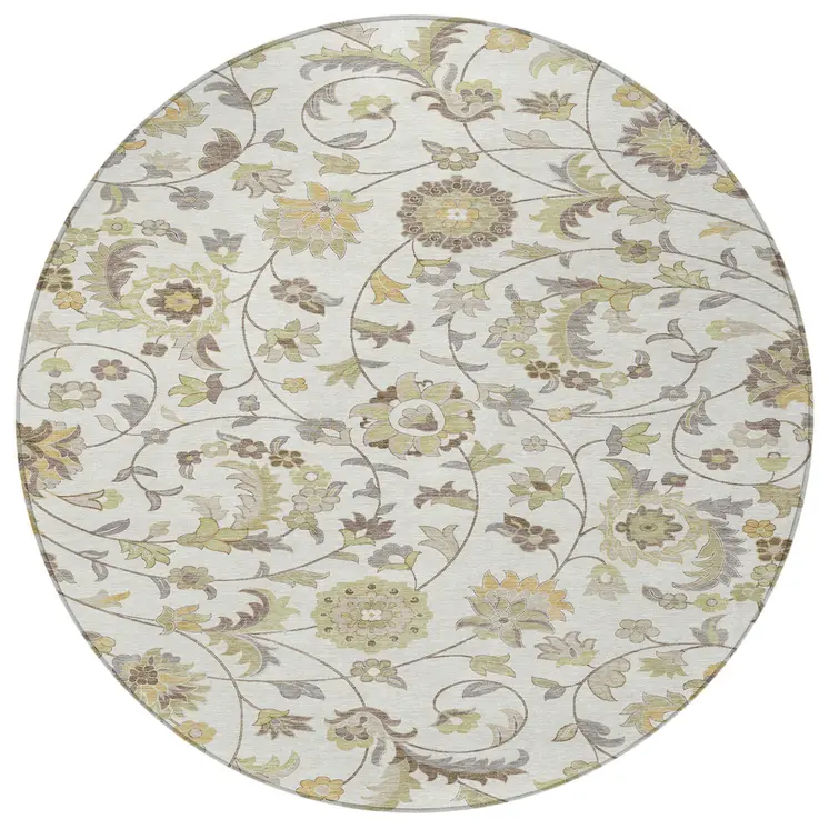 8' Ivory Brown And Green Round Floral Washable Indoor Outdoor Area Rug