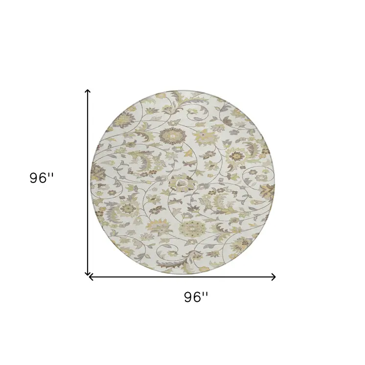 8' Ivory Brown And Green Round Floral Washable Indoor Outdoor Area Rug