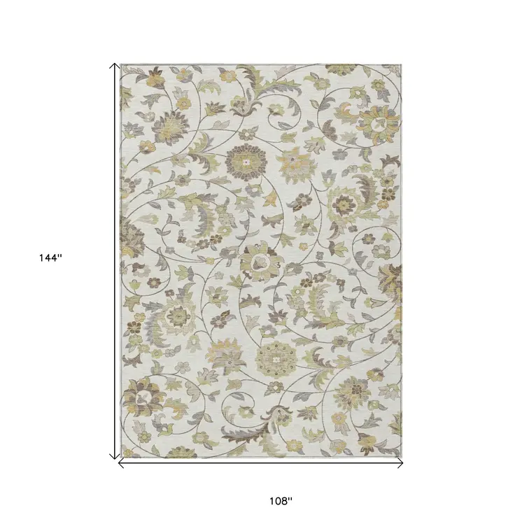 9' X 12' Ivory Brown And Green Floral Washable Indoor Outdoor Area Rug