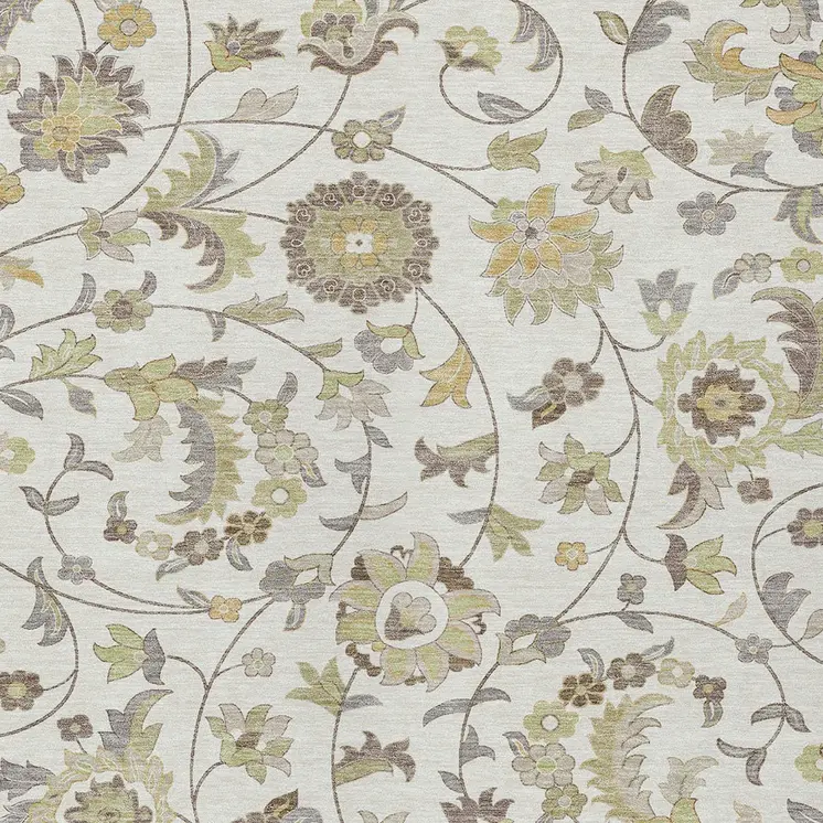 9' X 12' Ivory Brown And Green Floral Washable Indoor Outdoor Area Rug