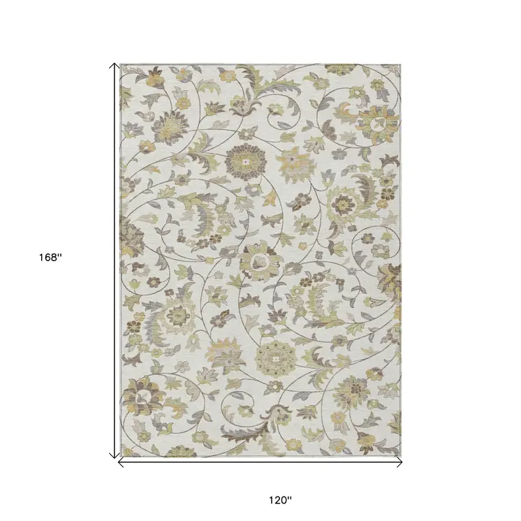 10' X 14' Ivory Brown And Green Floral Washable Indoor Outdoor Area Rug