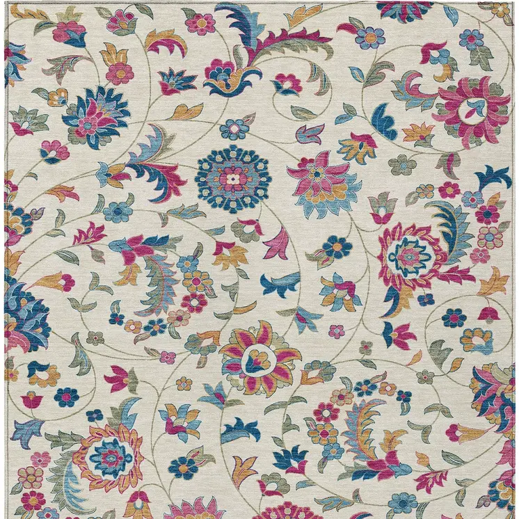 5' X 8' Linen Pink And Denim Blue Floral Washable Indoor Outdoor Area Rug