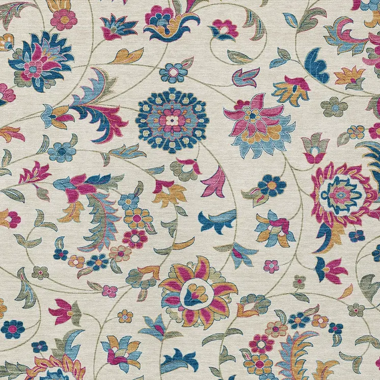 5' X 8' Linen Pink And Denim Blue Floral Washable Indoor Outdoor Area Rug