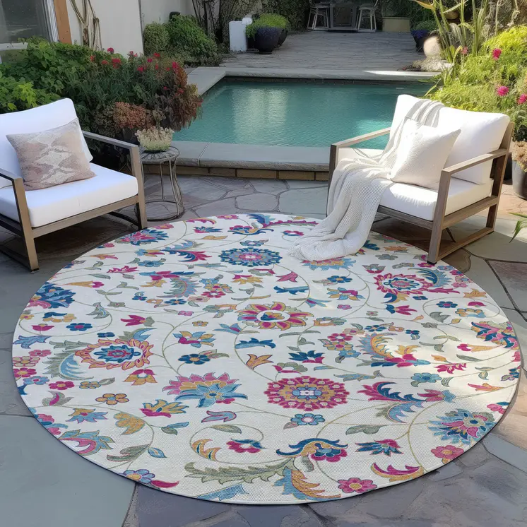 8' Linen Pink And Denim Blue Round Floral Washable Indoor Outdoor Area Rug