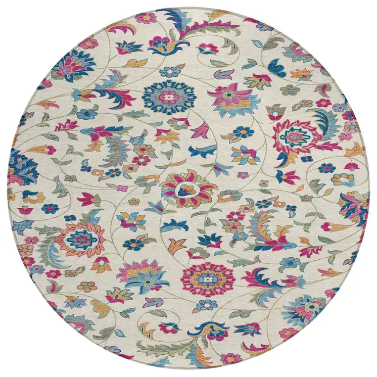 8' Linen Pink And Denim Blue Round Floral Washable Indoor Outdoor Area Rug