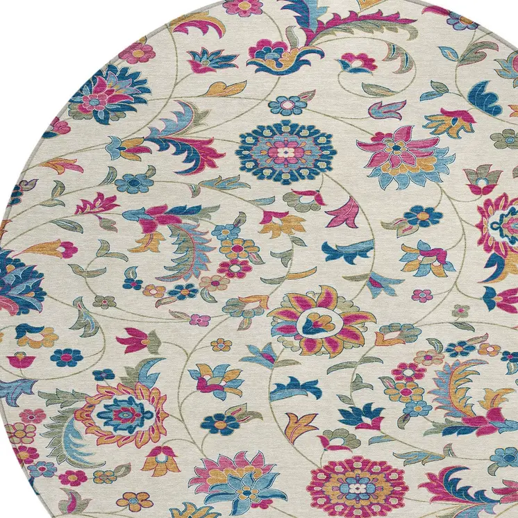 8' Linen Pink And Denim Blue Round Floral Washable Indoor Outdoor Area Rug