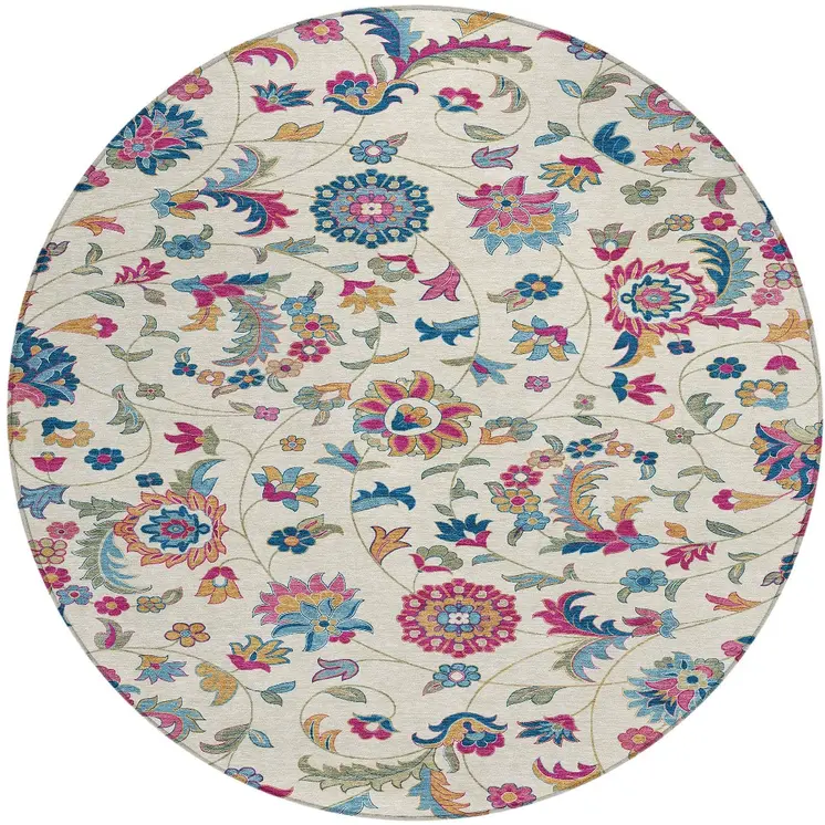 8' Linen Pink And Denim Blue Round Floral Washable Indoor Outdoor Area Rug