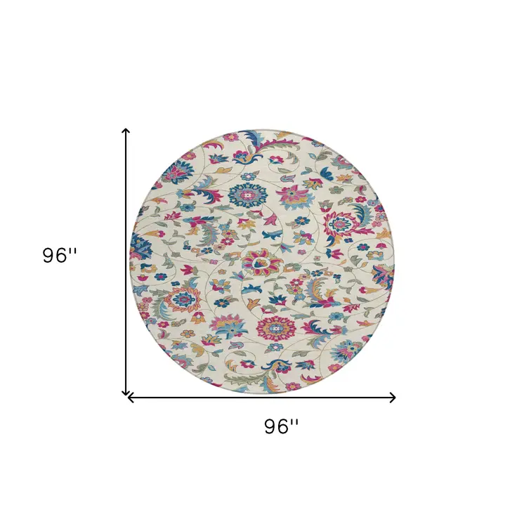 8' Linen Pink And Denim Blue Round Floral Washable Indoor Outdoor Area Rug