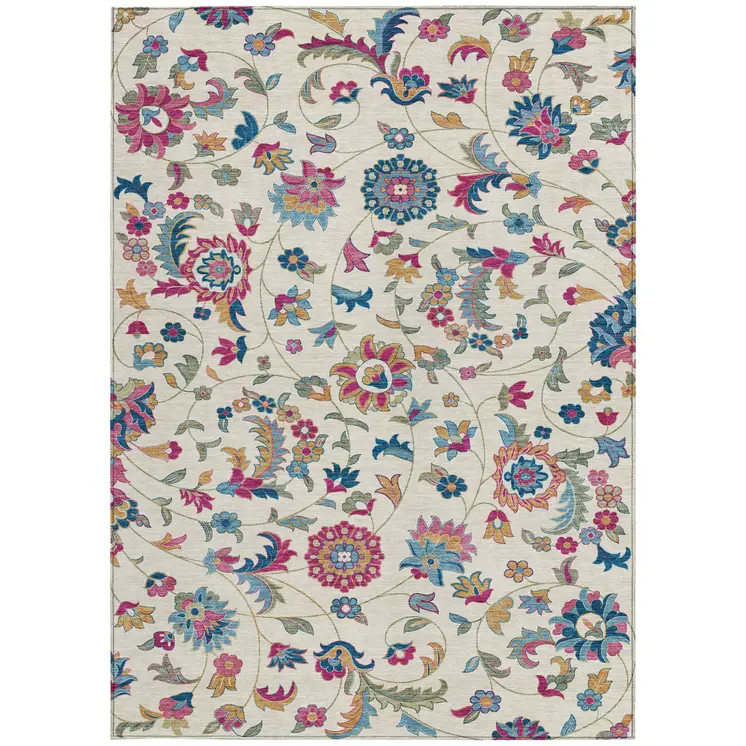 10' X 14' Linen Pink And Denim Blue Floral Washable Indoor Outdoor Area Rug